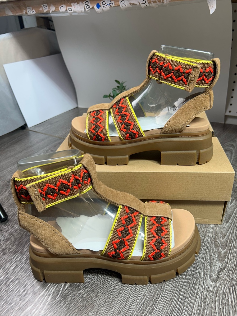 Ugg Ashton heritage braid Tan Suede Platform Sandals with Red Embroidered Straps